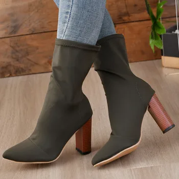 2023 Кожаные женские ботинки Осень Зима Новые короткие ботинки на высоком каблуке Женские весенние тонкие туфли на толстом каблуке Botas Mujer