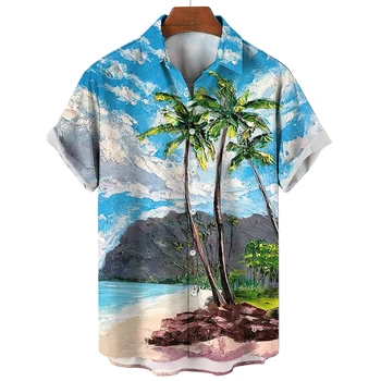 2023 Модная Мужская одежда Блузка Гавайская мужская рубашка для отдыха Пляжная рубашка с принтом кокосовой пальмы Для мужчин Топ с коротким рукавом на пуговицах