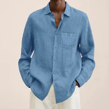 2023 Мужская повседневная хлопчатобумажная льняная рубашка с отложным воротником, однотонный свободный топ с длинными рукавами, весенне-осенние красивые модные рубашки