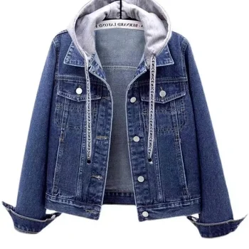 2023 Новая Осенняя женская куртка с длинным рукавом, джинсовые куртки с капюшоном, женское Свободное Повседневное Короткое джинсовое пальто, куртка-бомбер, верхняя одежда