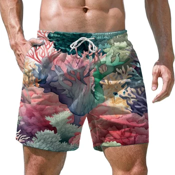 2023 Новые Мужские Летние Плавки Красочные Коралловые Шорты С 3D Принтом Гавайский Пляж Мужские Пляжные Шорты С Сетчатой Подкладкой