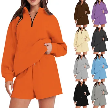 2023 Новый женский однотонный комплект свитеров и шорт без карманов