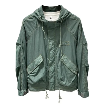 2024 Весна-лето Новая Корейская модная мешковатая Мужская куртка с капюшоном с яркой линией, тонкое мужское пальто, солнцезащитная одежда, мужское пальто