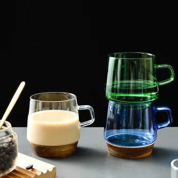 350 мл Боросиликатная Многоцветная Стеклянная Чашка с деревянным Ковриком Молочно Кофейная Кружка Семейный Японский Креативный Подарок Бутылка для Воды