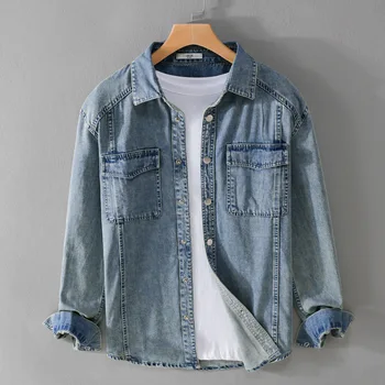 9491 Зимне-осенняя модная мужская джинсовая рубашка с двумя карманами и длинным рукавом, Однотонная винтажная Простая повседневная свободная блузка, уличная одежда, топы