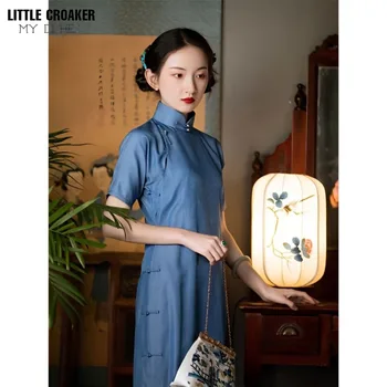 Qipao Women 2023 Summer Daily Style Традиционное Элегантное Платье в стиле Ретро Slim Fit Shanghai Улучшенное Китайское Синее Платье Чонсам