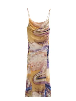 TRAF 2023 Летнее новое женское платье-камзол Beach Wind с квадратным вырезом, плиссированное украшение, элегантное платье до щиколотки с принтом