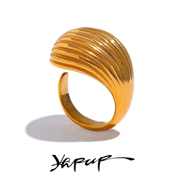 Yhpup в полоску из нержавеющей стали 316l Геометрическое Модное Открытое кольцо для женщин с металлической текстурой, 18-каратным покрытием, Стильные ювелирные изделия высокого качества