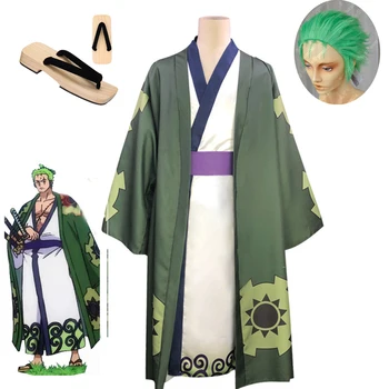 Аниме Ророноа Зоро косплей костюм кимоно халат Полный костюм Зеленый парик с зализанным назад коротким слоем Обувь для парика Ророноа Зоро