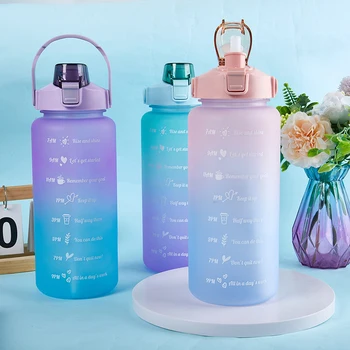 Бутылка для воды емкостью 2 литра с соломенной вставкой, градиент цвета, аксессуары для рук, с маркировкой времени, Большие пластиковые стаканчики