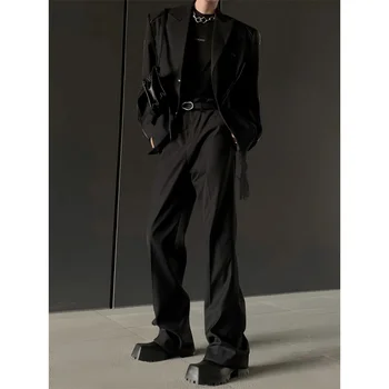 Весенне-осенние повседневные черные брюки цвета хаки, мягкие легкие расклешенные брюки для мужчин, уличная одежда в корейском стиле с разрезом, брюки 2023, уличная одежда