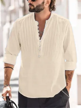 Весенне-осенняя мужская повседневная рубашка из хлопкового льна с длинными рукавами