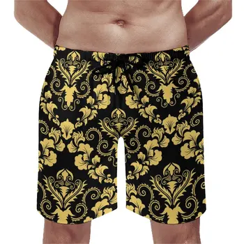 Винтажные Дамасские шорты Желтого и черного цвета, повседневные пляжные Короткие брюки, мужские Графические Спортивные Удобные Пляжные плавки, Идея подарка