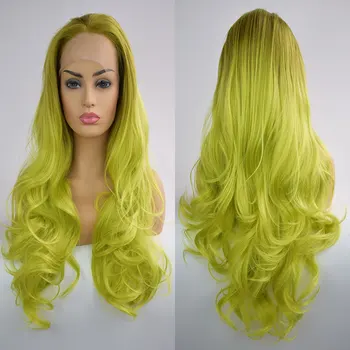 Высококачественный синтетический парик с зелеными волосами цвета омбре на кружеве без клея, волнистые термостойкие волокна, предварительно выщипанные по линии роста волос для белых женщин