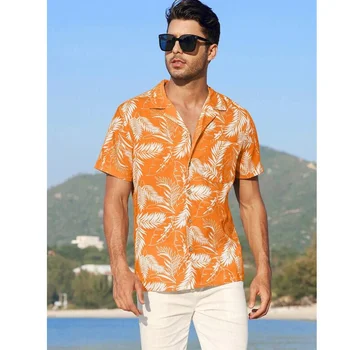 Гавайские рубашки для мужчин, Летние Пляжные, с коротким рукавом, Повседневные, Модные, с рисунком из перьев, для отдыха, Импортная одежда большого размера с цветочным принтом
