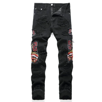 Джинсы из рваной ткани в стиле панк с вышивкой до середины талии, тонкие байкерские брюки уличной моды