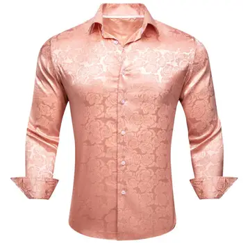 Дизайнерские рубашки для мужчин, шелковые, с длинным рукавом, Кораллово-розовый цветок, Приталенные мужские блузки, Повседневные топы, Формальные дышащие Barry Wang