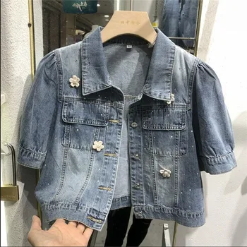 Женская винтажная короткая куртка с цветочными бусинами, приталенная синяя джинсовая рубашка с коротким рукавом, Маленький джинсовый топ, Новый модный шикарный укороченный топ, уличная одежда