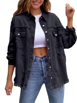 Женская рваная потертая джинсовая куртка с длинным рукавом и пуговицами, джинсовое пальто бойфренда, куртка дальнобойщика
