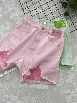 Женские розовые рваные джинсовые шорты Модная уличная одежда с высокой талией Винтажные Зеленые широкие шорты Джинсы Y2k Повседневные Harajuku Корейское лето