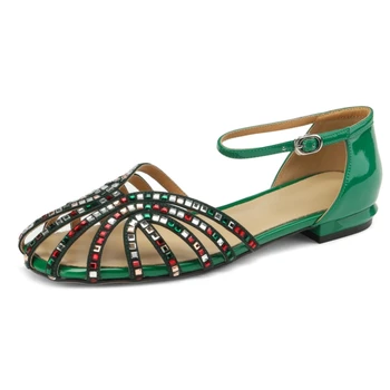 Женские сандалии HCHao Gladiator с водяным бриллиантом на толстом каблуке с закрытым носком из натуральной кожи Зеленые женские вечерние туфли 42