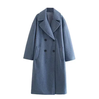 Женское двубортное шерстяное пальто с воротником-лацканом и длинными рукавами, однотонное Длинное шерстяное пальто, Зимнее модное Теплое свободное шерстяное пальто