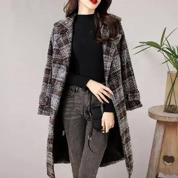 Женское шерстяное пальто, двубортное пальто, стильное женское зимнее пальто в клетку с принтом, двубортная верхняя одежда средней длины с поясом