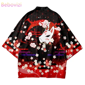Кардиган-кимоно с цветочным принтом лисы в японском стиле, рубашка для косплея, блузка для женщин, мужчин, пляж Юката, традиционный топ Хаори