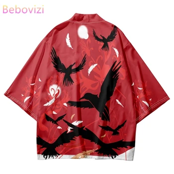 Красное кимоно с принтом Вороны в японском стиле, кардиган, рубашка для косплея, 2023, женская, мужская, пляжная Юката, традиционный топ Хаори