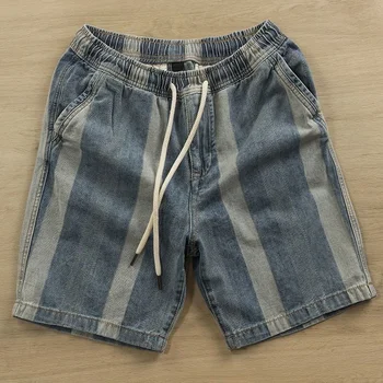 Летние модные мужские свободные джинсовые шорты American sand wash trend, вертикальная полоса, эластичный пояс, повседневные шорты lazy five point