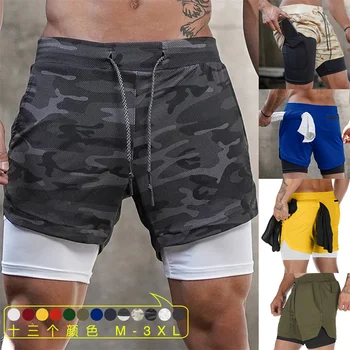 Летние трендовые мужские шорты для бега, свободные эластичные двойные шорты, впитывающие пот