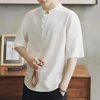Льняная футболка большого размера для мужчин, хлопковая и льняная футболка, китайская льняная рубашка с коротким рукавом и пряжкой, свободная летом.