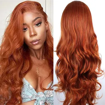 Медно-красно-оранжевый синтетический парик на шнурке спереди, Бесклеевая объемная волна, Термостойкие волокнистые волосы, предварительно выщипанная линия роста волос Для женских париков