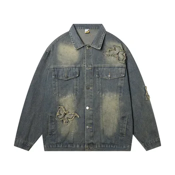 Мешковатая джинсовая куртка Y2k в стиле ретро с вышивкой бабочкой, мужская и женская повседневная джинсовая куртка Chaquetas Hombre Ropa, размер Оверсайз