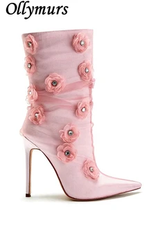 Модные подиумные туфли на высоком каблуке с цветочной сеткой, женские ботильоны, женская обувь