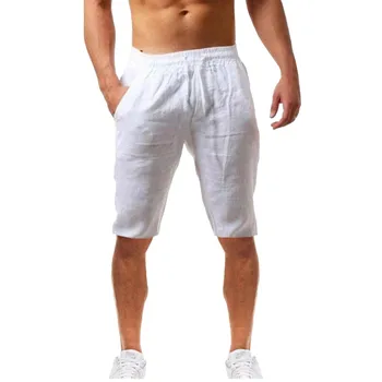 Мужские короткие брюки из искусственного хлопка и льна, мужские летние Дышащие однотонные льняные шорты, Свободные повседневные штаны с завязками