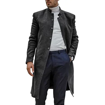 Мужской свободный кардиган большого размера, пальто, Новое осенне-зимнее шерстяное пальто, мужское винтажное однобортное шерстяное пальто с длинным рукавом и воротником-стойкой