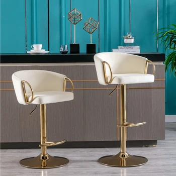 Набор из 2 барных стульев с хромированной подставкой для ног и поворотным основанием, регулируемым по высоте, с механическим подъемом Velvet + Золотая ножка Simple