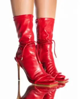 Новые женские Красные, черные однотонные полусапожки из мягкой кожи с квадратным носком и перекрестной шнуровкой на тонком высоком каблуке, женские ботильоны на молнии сбоку, обувь для ботильонов