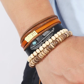 Новый винтажный комбинированный браслет из перьев для мужчин, многослойный Кожаный браслет из бисера 