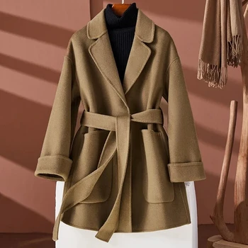 Осенне-зимнее шерстяное пальто, Женская шерстяная куртка, Корейский пояс с большим карманом, Двусторонняя кашемировая черная верхняя одежда, женский кардиган