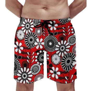 Пляжные шорты Ретро Flower Power Повседневные пляжные плавки Красные Черные Мужские быстросохнущие спортивные шорты для серфинга Оверсайз
