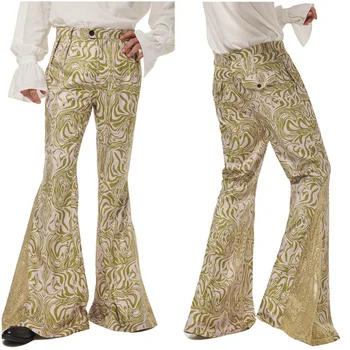 Ретро-винтаж 1970-х годов в стиле диско, расклешенный низ со средней талией, длинные брюки-клеши, Брюки с принтом, Джазовый танцевальный Карнавальный костюм на Хэллоуин.