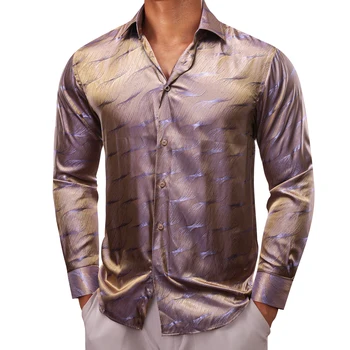 Роскошные мужские рубашки с длинным рукавом, шелковый атлас, фиолетово-коричневый блеск, Облегающие мужские блузки, Топы с отложным воротником, дышащая одежда
