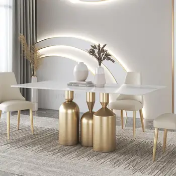 Роскошный Дизайнерский Обеденный стол из натурального Мрамора 1,4 м на 6 персон С Золотистой отделкой Основания Прямоугольный Стол Muebles Кухонная Мебель
