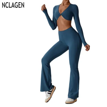 Рубашки с длинным рукавом NCLAGEN и расклешенные брюки с высокой талией, комплект для йоги, облегающий женский костюм для занятий фитнесом, дышащий для бега в тренажерном зале