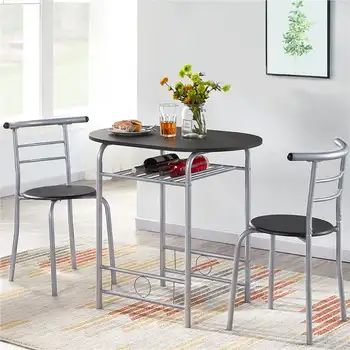 современный обеденный набор из 3шт с 1 круглым столом и 2 стульями для дома, черный