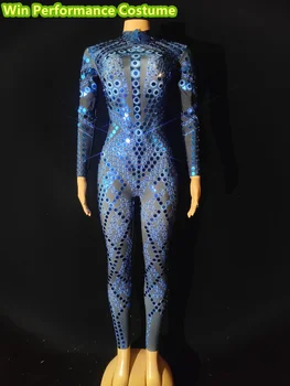 Шестиугольный облегающий сексуальный боди с блестками и бриллиантами, сетчатый спандекс, Карнавальное платье для выступления певицы в ночном клубе