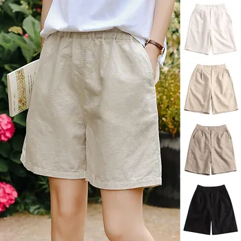 Эластичные дышащие свободные брюки из хлопка и льна средней длины, женские шорты с карманом
