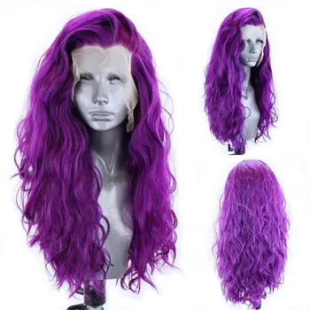 Ярко-фиолетовые синтетические парики с кружевом спереди, короткая волна воды, высококачественное термостойкое волокно, предварительно выщипанный Натуральный волосяной покров для женщин